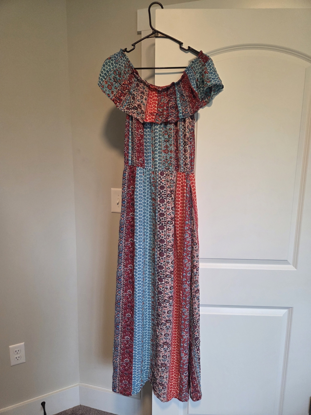 Xhilaration Off-Shoulder Maxi Dress in Red & Blue Patchwork Print Size Medium